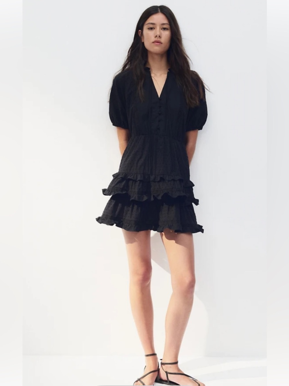 Summer Cotton Black Polka Ruffle Tiered Mini Dress, lined - NWT, size L